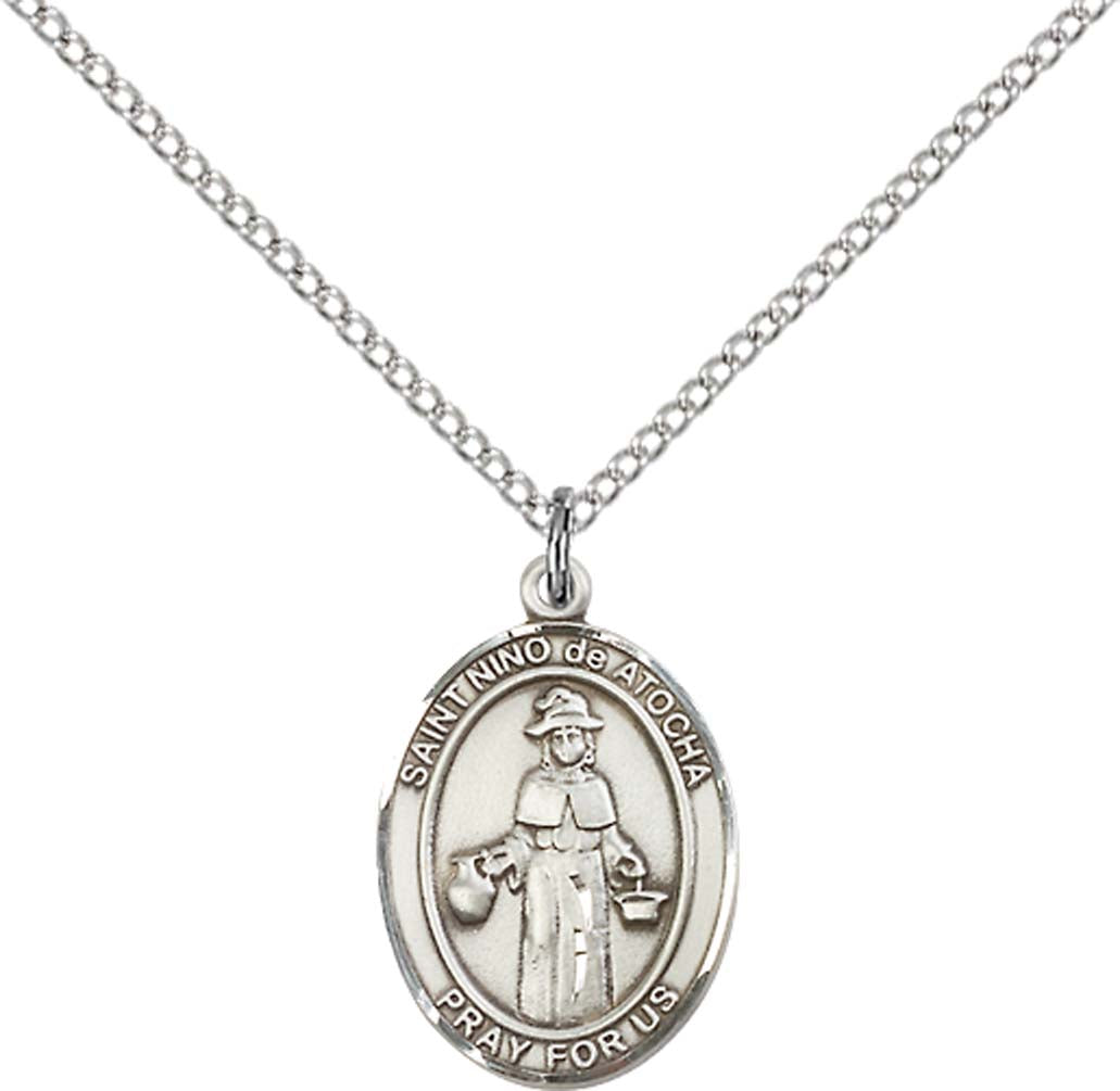 Sterling Silver St. Nino de Atocha Pendant with 18 inch Sterling Silver Light Curb Chain - Medium