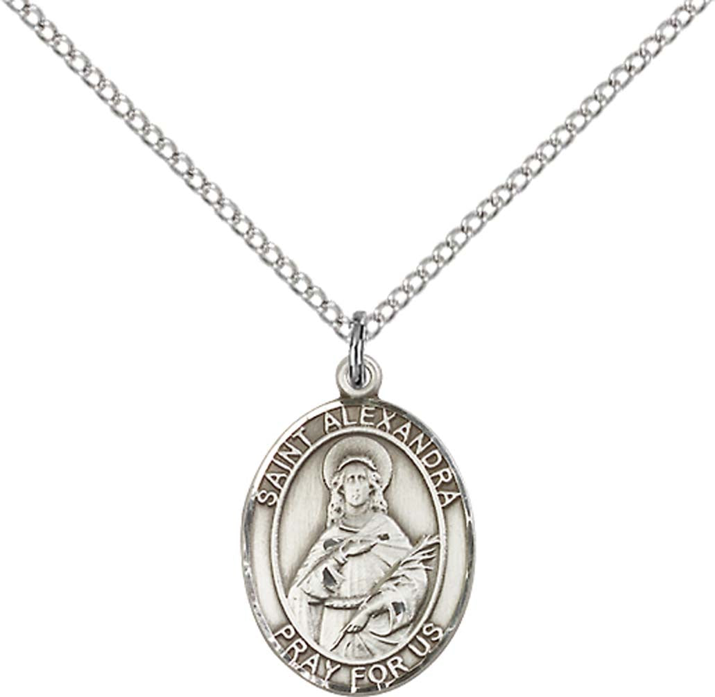 Sterling Silver St. Alexandra Pendant with 18 inch Sterling Silver Light Curb Chain - Medium