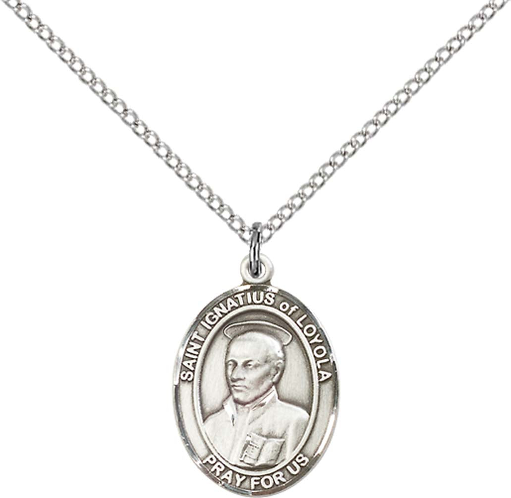 Sterling Silver St. Ignatius of Loyola Pendant with 18 inch Sterling Silver Light Curb Chain - Medium