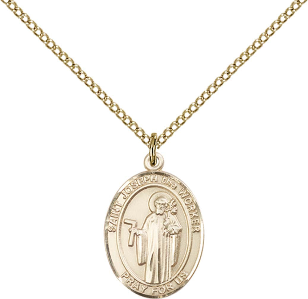 14kt Gold Filled St. Joseph The Worker Pendant with 18 inch Gold Filled Light Curb Chain - Medium