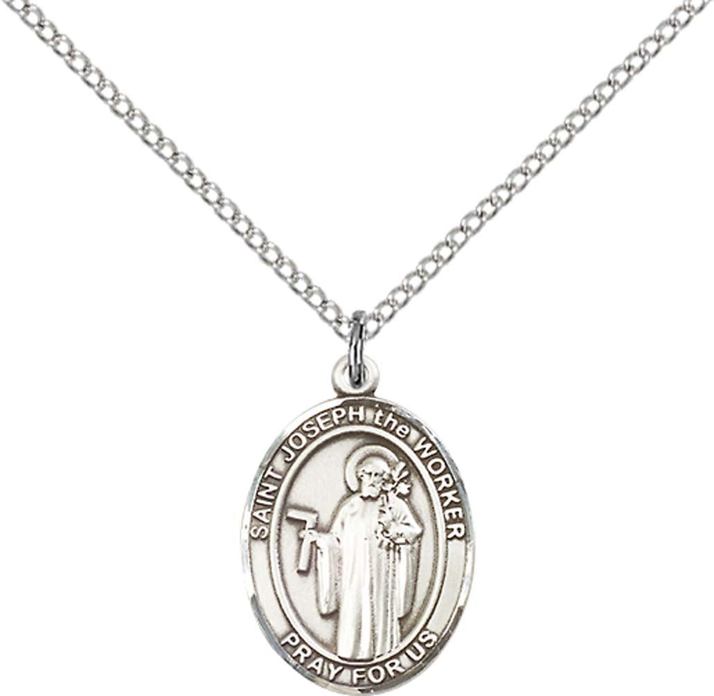 Sterling Silver St. Joseph The Worker Pendant with 18 inch Sterling Silver Light Curb Chain - Medium