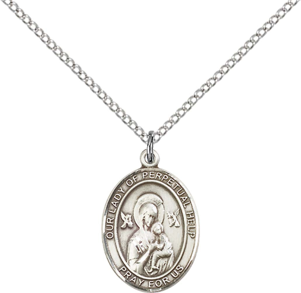 Sterling Silver O/L of Perpetual Help Pendant with 18 inch Sterling Silver Light Curb Chain - Medium