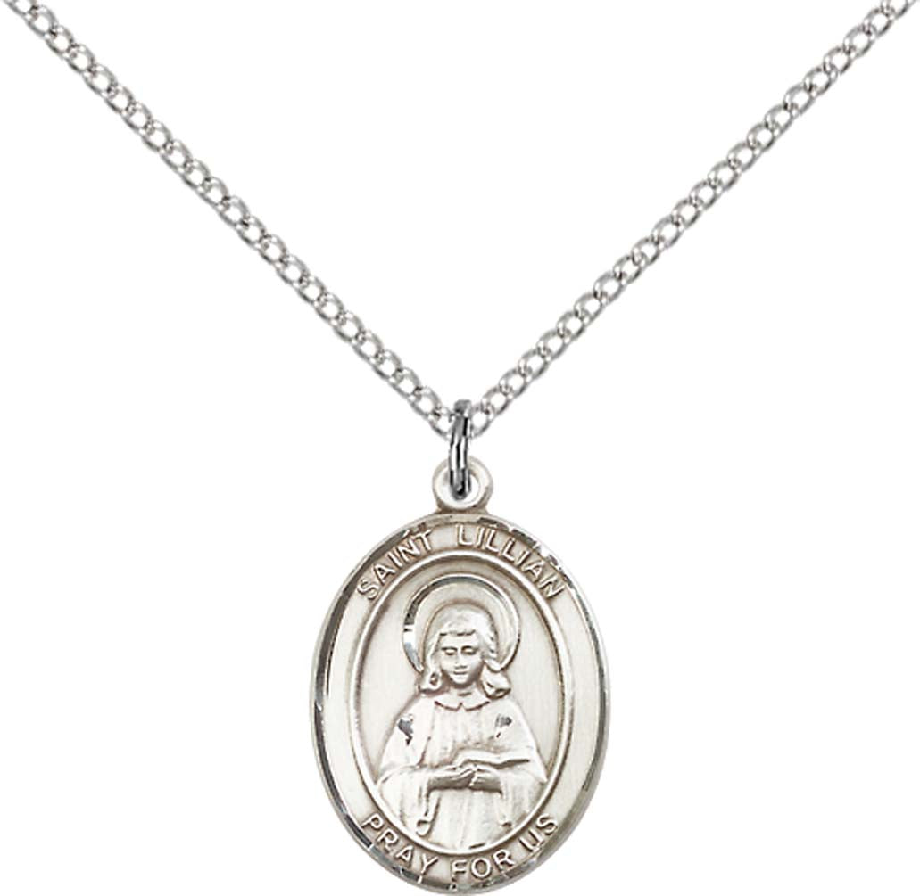 Sterling Silver St. Lillian Pendant with 18 inch Sterling Silver Light Curb Chain - Medium