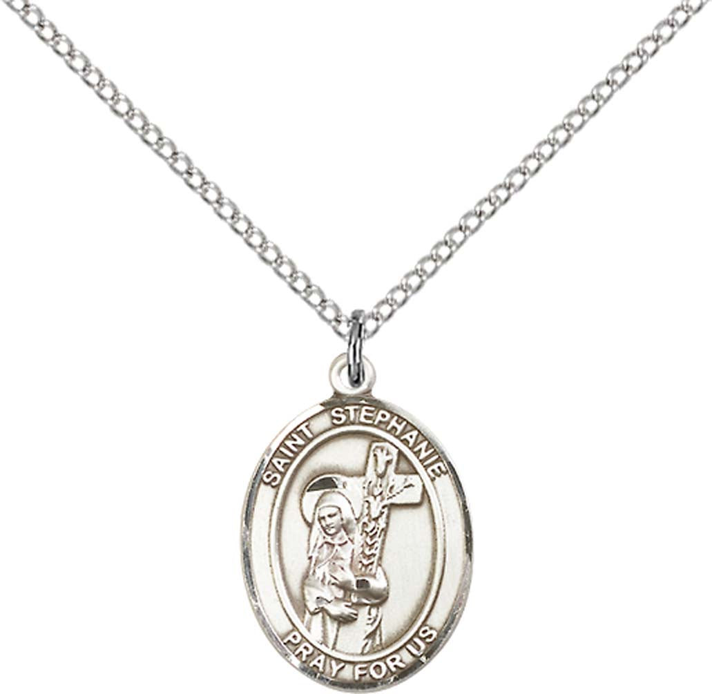 Sterling Silver St. Stephanie Pendant with 18 inch Sterling Silver Light Curb Chain - Medium