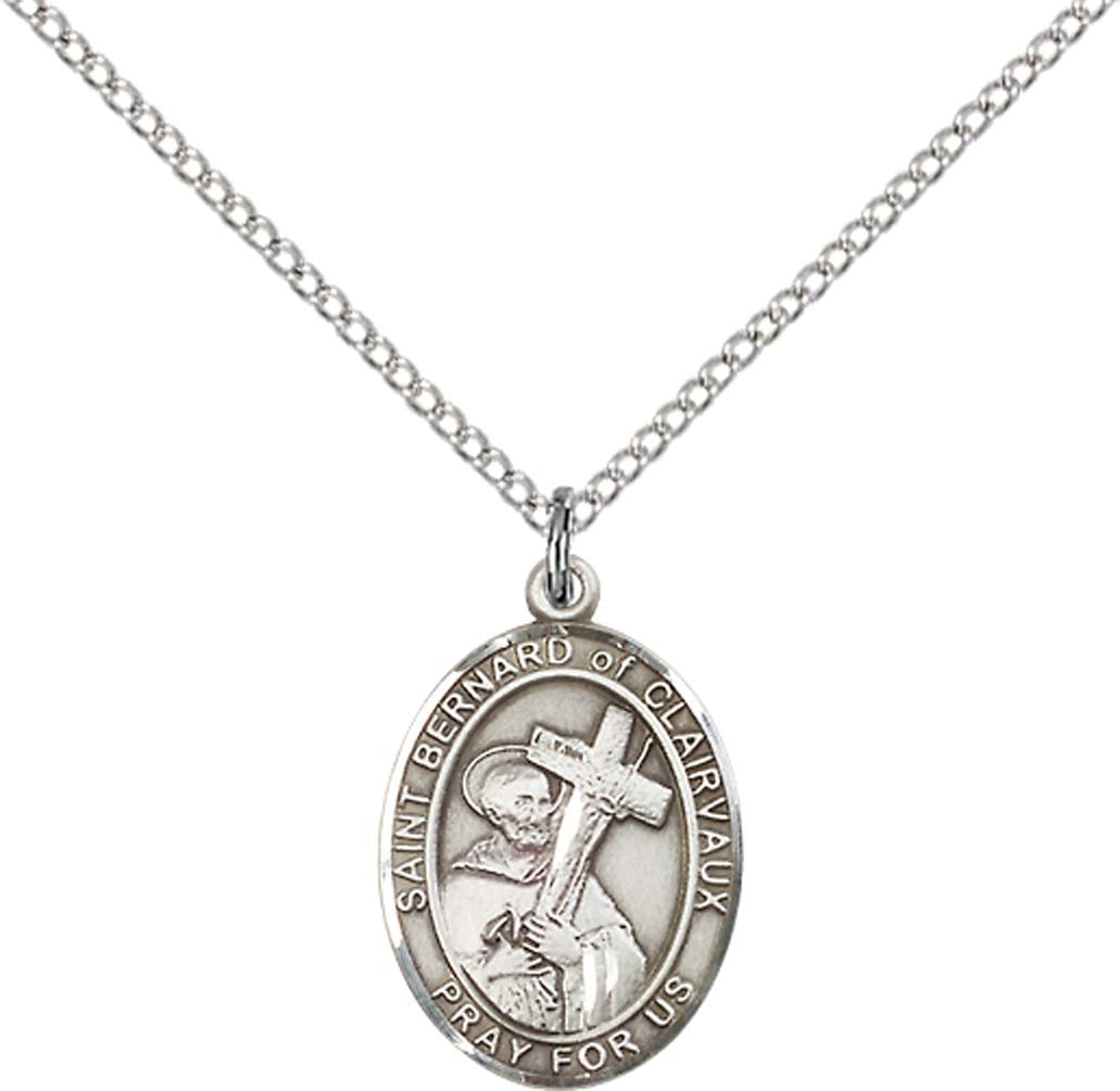 Sterling Silver St. Bernard of Clairvaux Pendant with 18 inch Sterling Silver Light Curb Chain - Medium