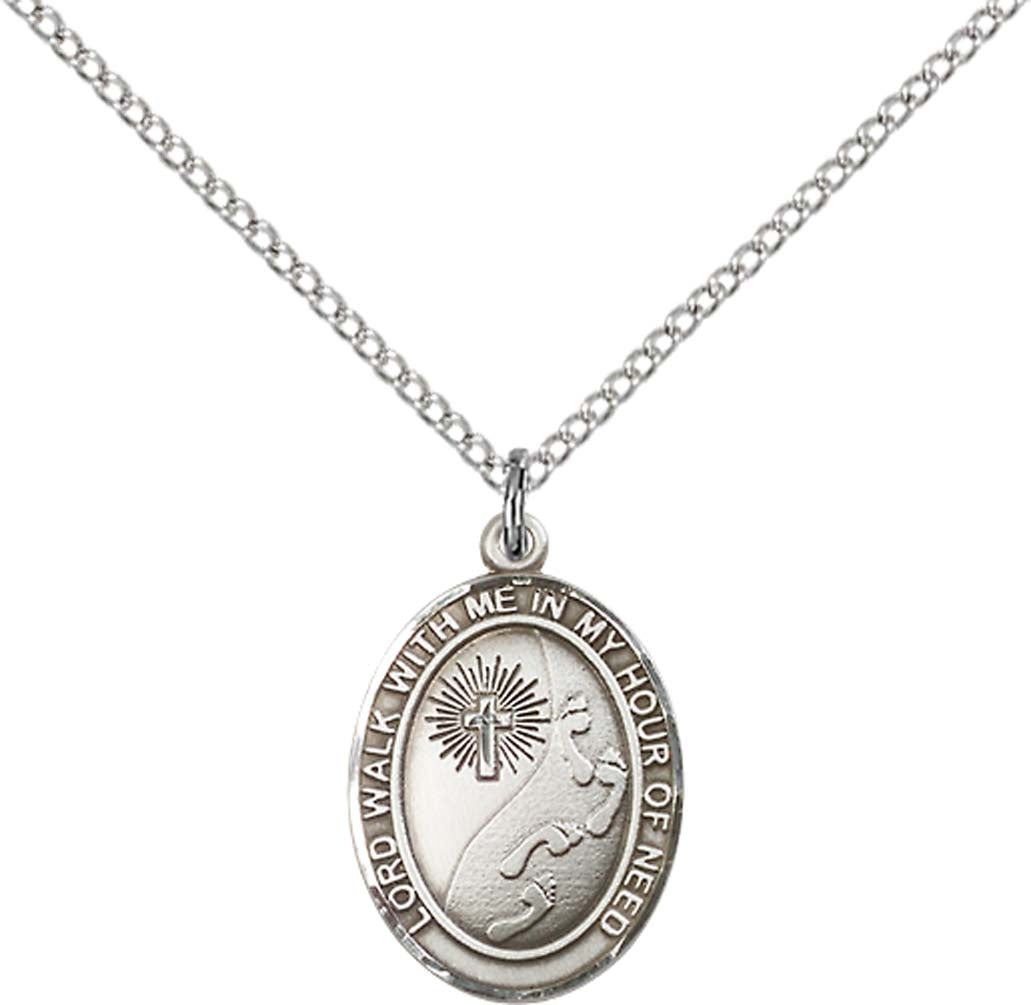 Sterling Silver Footprints / Cross Pendant with 18 inch Sterling Silver Light Curb Chain - Medium