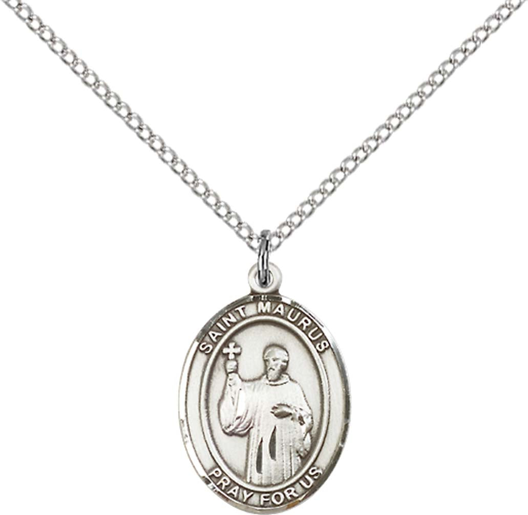 Sterling Silver St. Maurus Pendant with 18 inch Sterling Silver Light Curb Chain - Medium