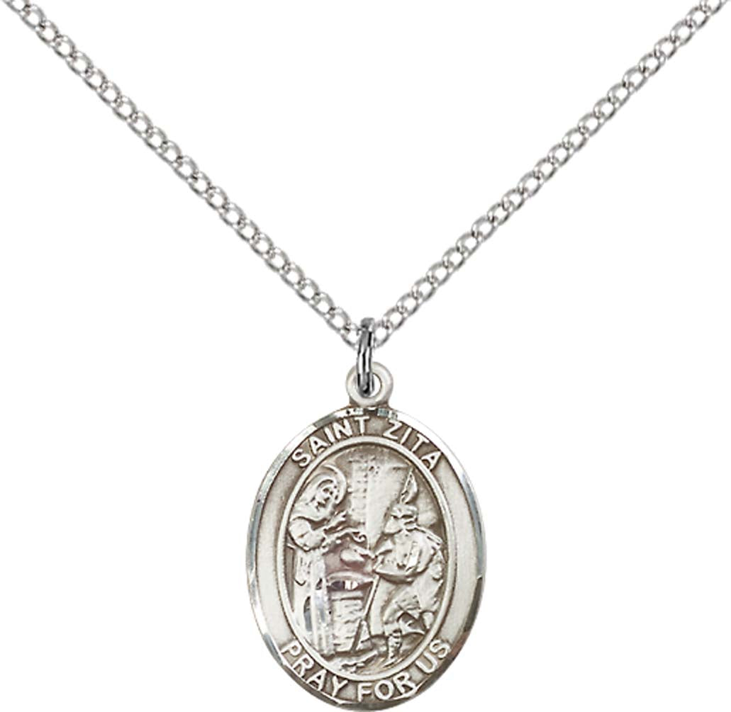 Sterling Silver St. Zita Pendant with 18 inch Sterling Silver Light Curb Chain - Medium