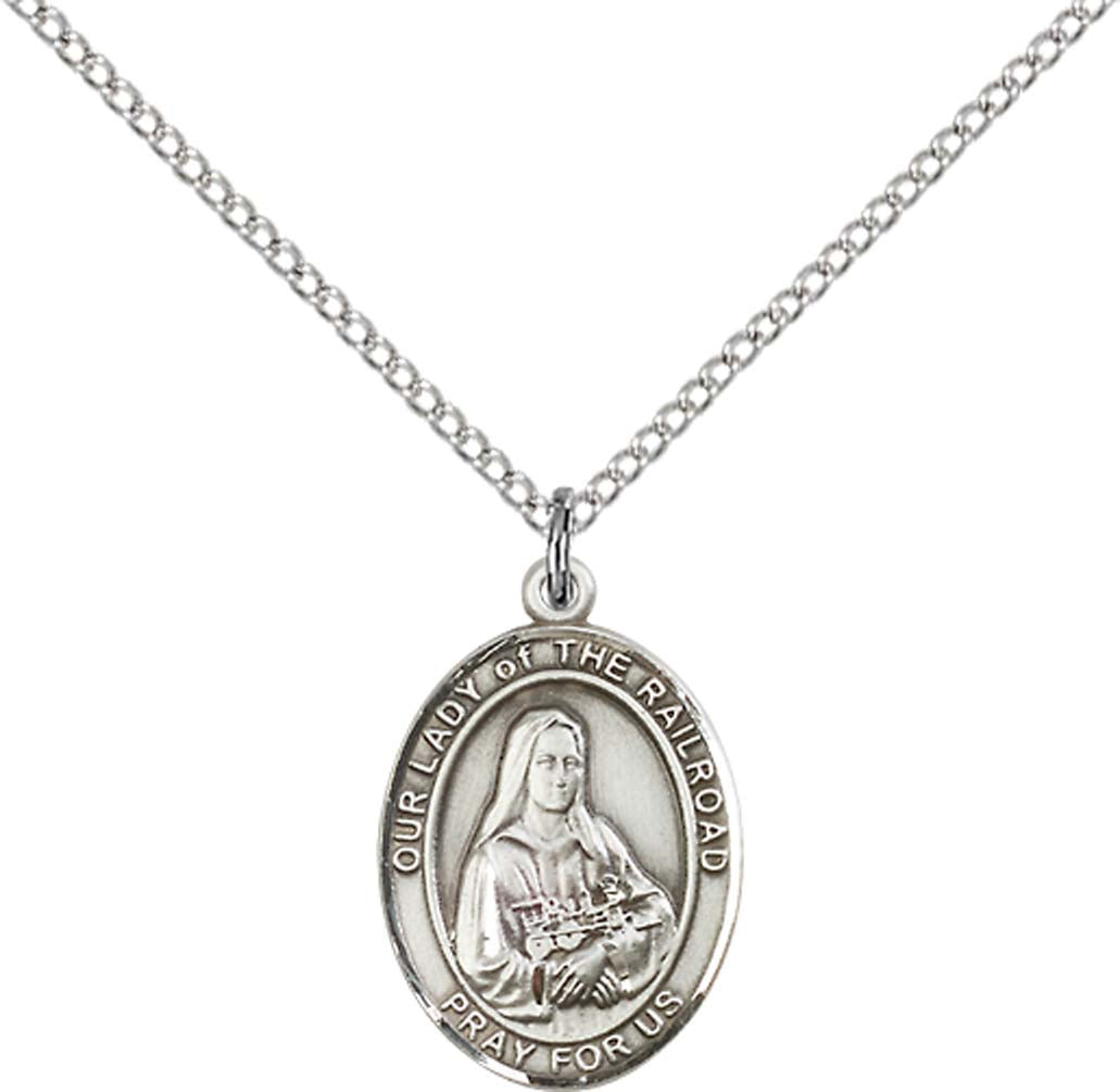 Sterling Silver O/L of the Railroad Pendant with 18 inch Sterling Silver Light Curb Chain - Medium