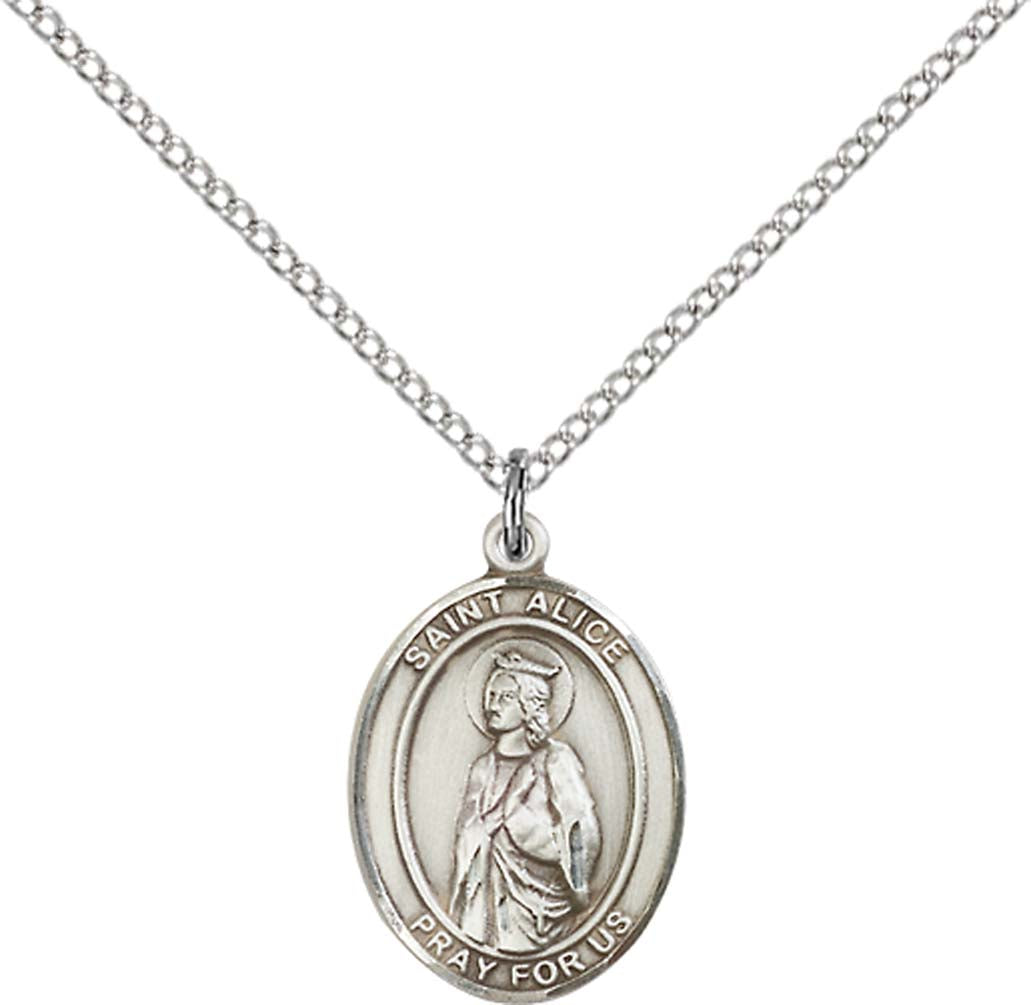 Sterling Silver St. Alice Pendant with 18 inch Sterling Silver Light Curb Chain - Medium