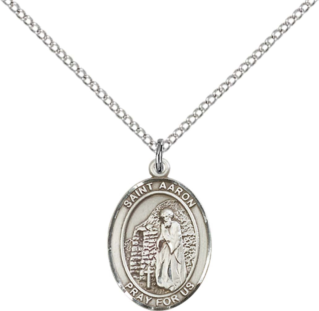 Sterling Silver St. Aaron Pendant with 18 inch Sterling Silver Light Curb Chain - Medium