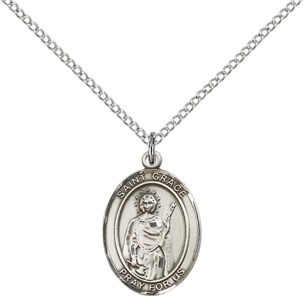 Sterling Silver St. Grace Pendant with 18 inch Sterling Silver Light Curb Chain - Medium