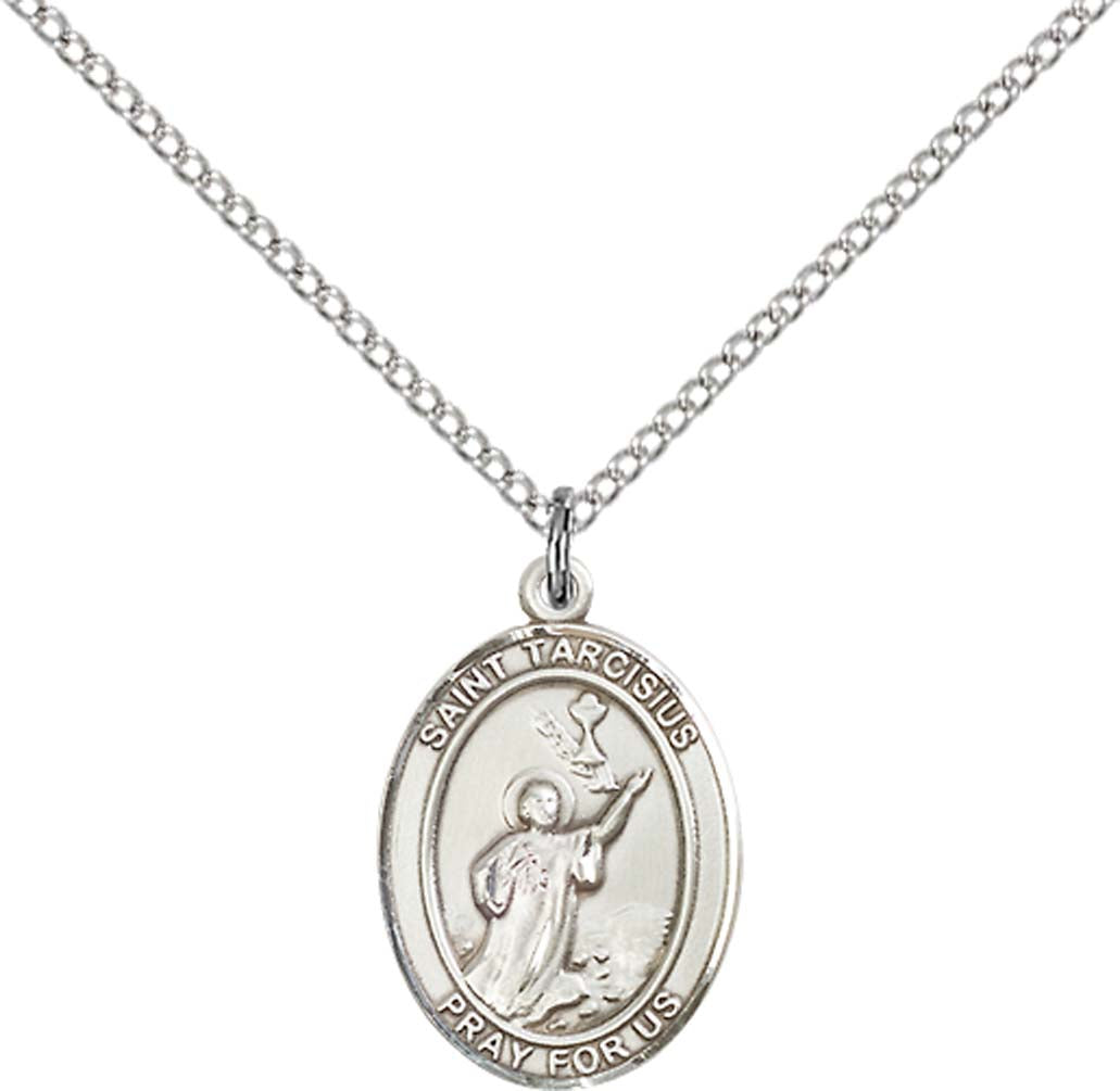 Sterling Silver St. Tarcisius Pendant with 18 inch Sterling Silver Light Curb Chain - Medium