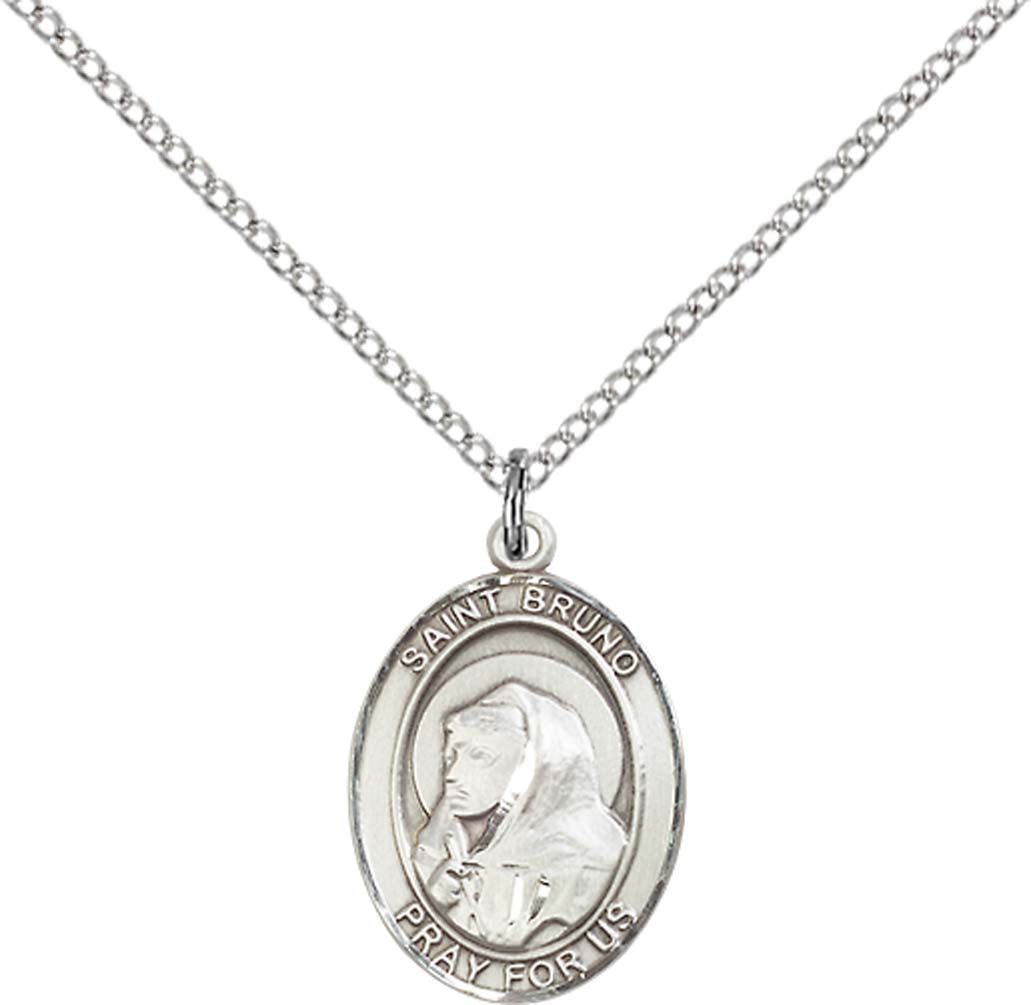 Sterling Silver St. Bruno Pendant with 18 inch Sterling Silver Light Curb Chain - Medium