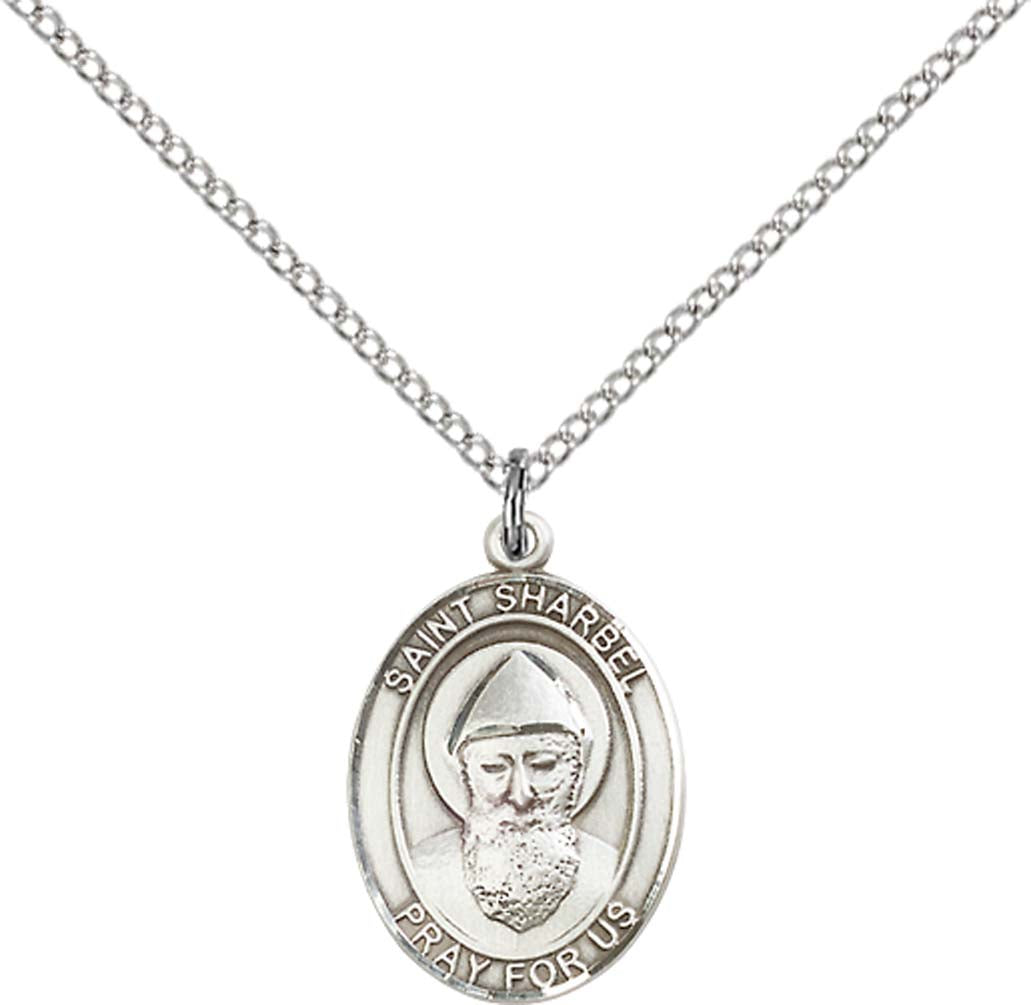 Sterling Silver St. Sharbel Pendant with 18 inch Sterling Silver Light Curb Chain - Medium