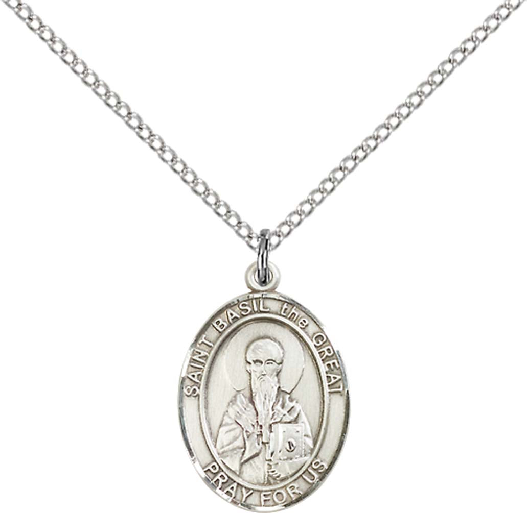 Sterling Silver St. Basil the Great Pendant with 18 inch Sterling Silver Light Curb Chain - Medium