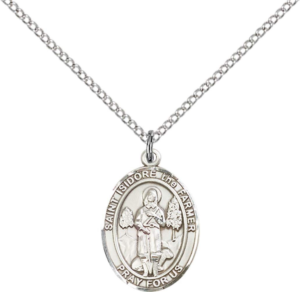 Sterling Silver St. Isidore the Farmer Pendant with 18 inch Sterling Silver Light Curb Chain - Medium