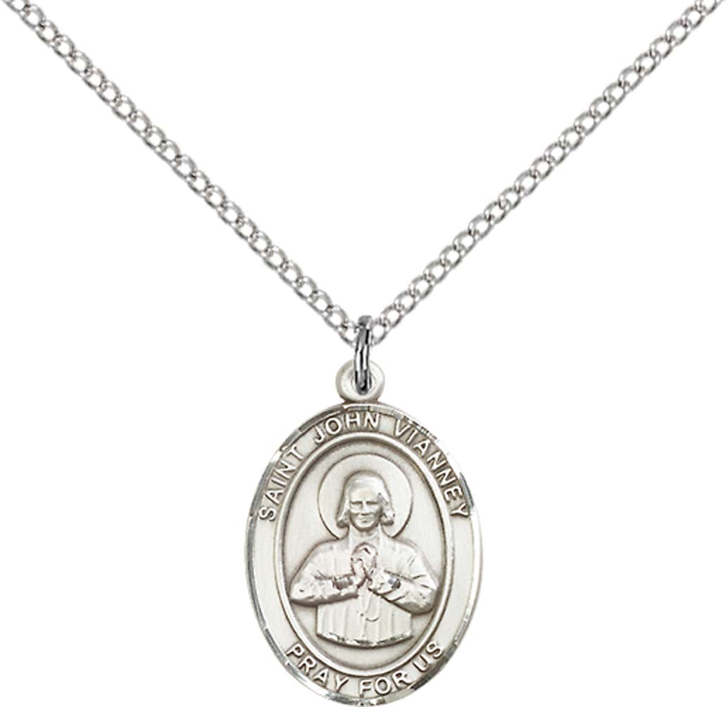 Sterling Silver St. John Vianney Pendant with 18 inch Sterling Silver Light Curb Chain - Medium