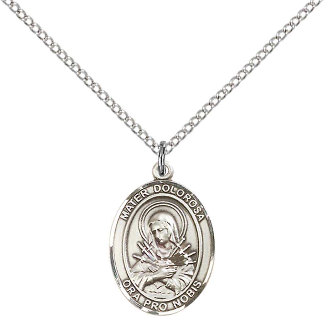 Sterling Silver Mater Dolorosa Pendant with 18 inch Sterling Silver Light Curb Chain - Medium