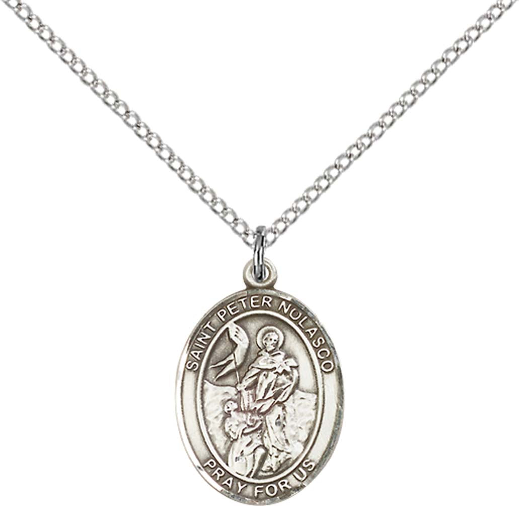 Sterling Silver St. Peter Nolasco Pendant with 18 inch Sterling Silver Light Curb Chain - Medium