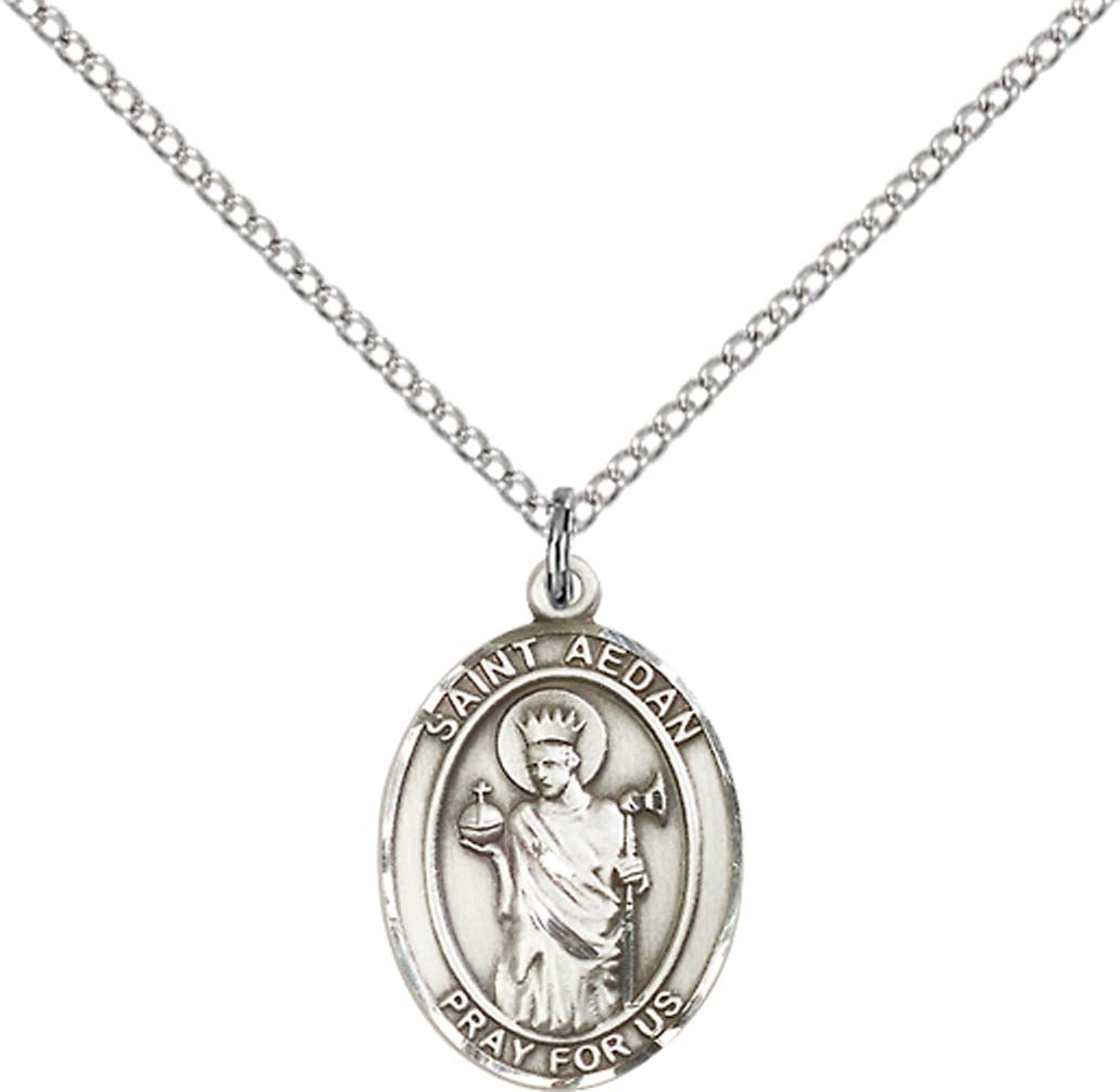 Sterling Silver St. Aedan of Ferns Pendant with 18 inch Sterling Silver Light Curb Chain - Medium