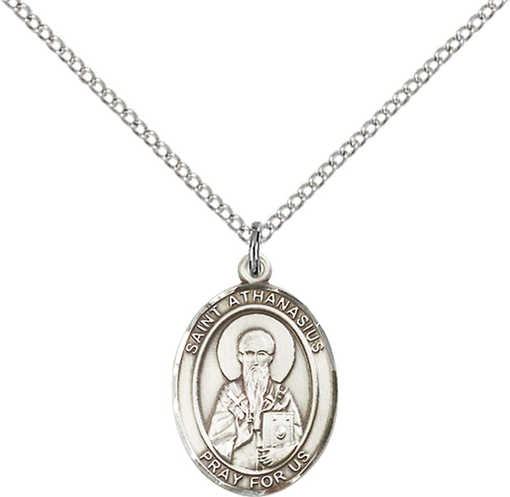 Sterling Silver St. Athanasius Pendant with 18 inch Sterling Silver Light Curb Chain - Medium