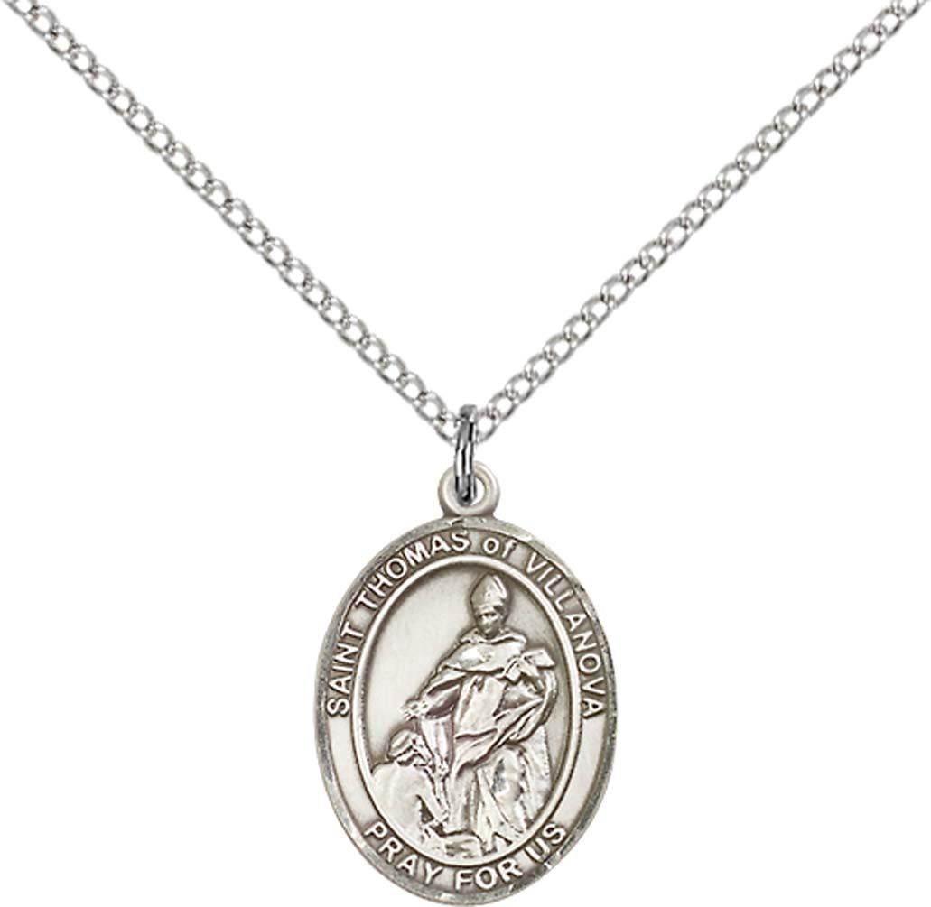 Sterling Silver St. Thomas of Villanova Pendant with 18 inch Sterling Silver Light Curb Chain - Medium