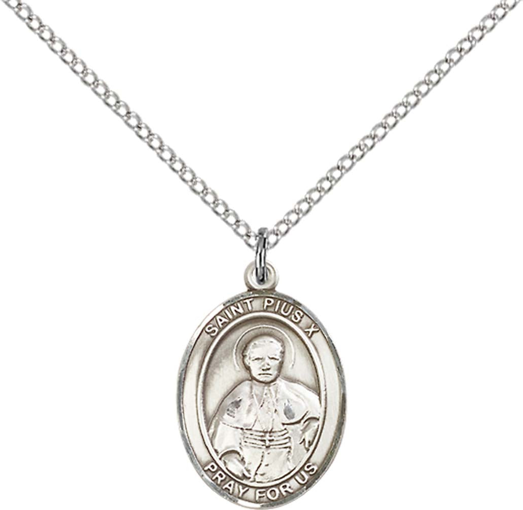 Sterling Silver St. Pius X Pendant with 18 inch Sterling Silver Light Curb Chain - Medium