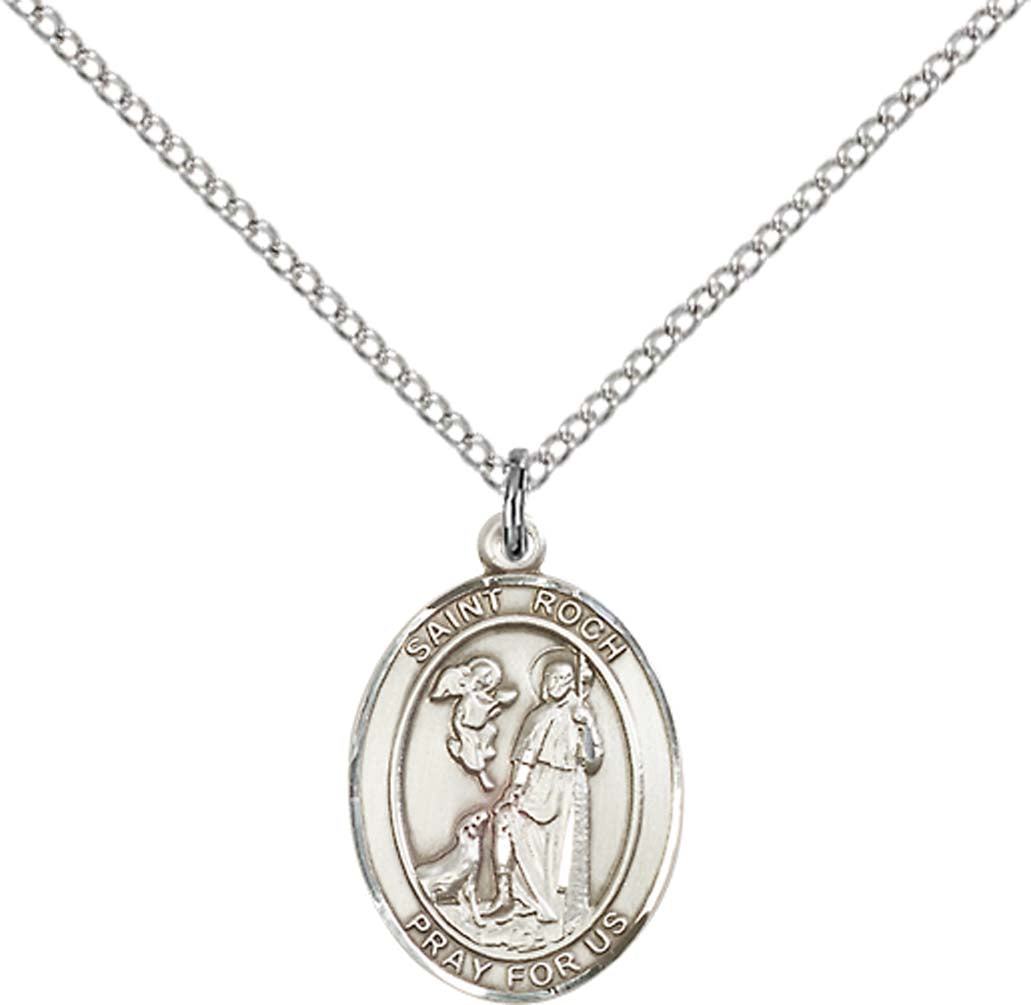 Sterling Silver St. Roch Pendant with 18 inch Sterling Silver Light Curb Chain - Medium