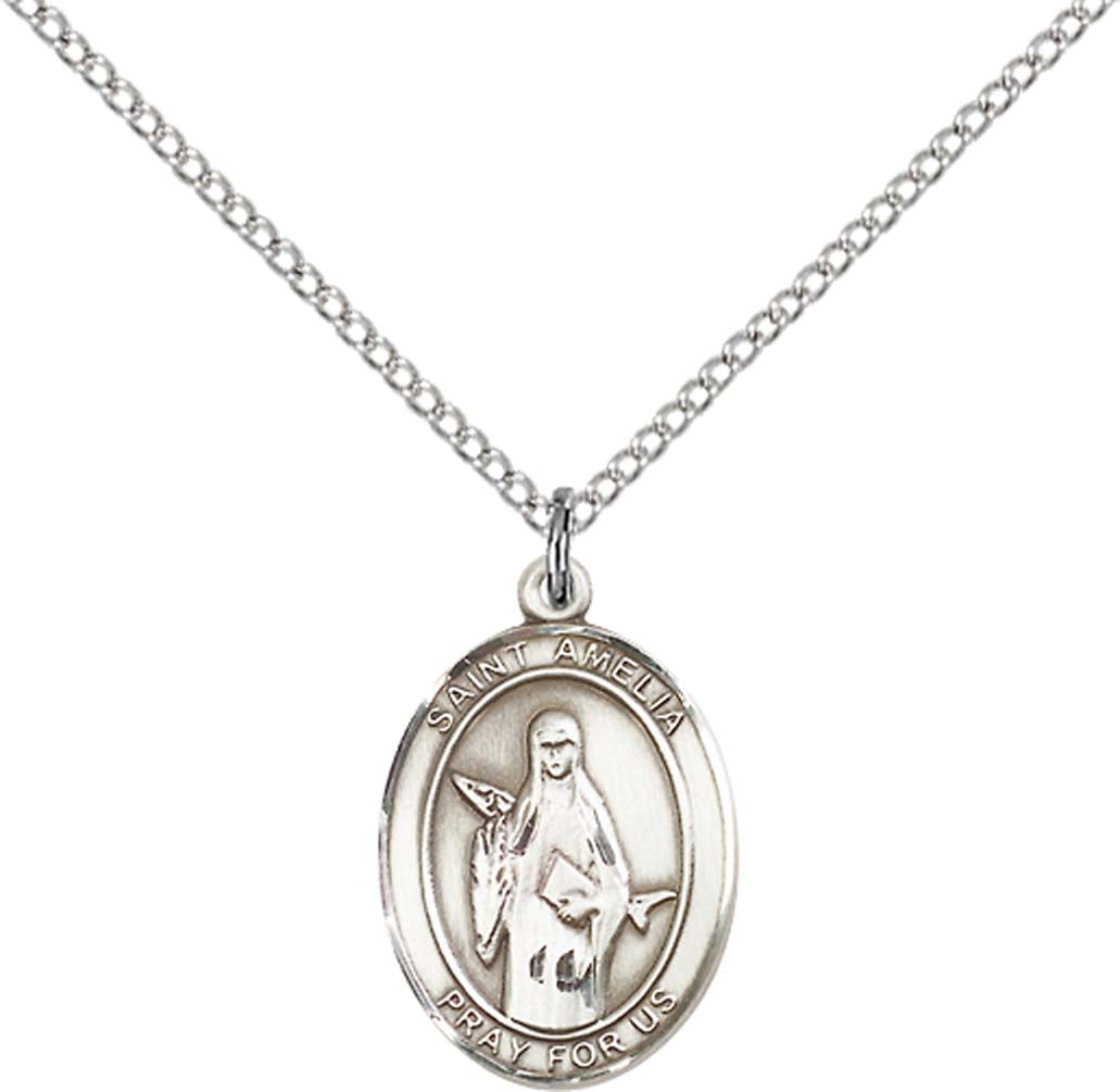 Sterling Silver St. Amelia Pendant with 18 inch Sterling Silver Light Curb Chain - Medium