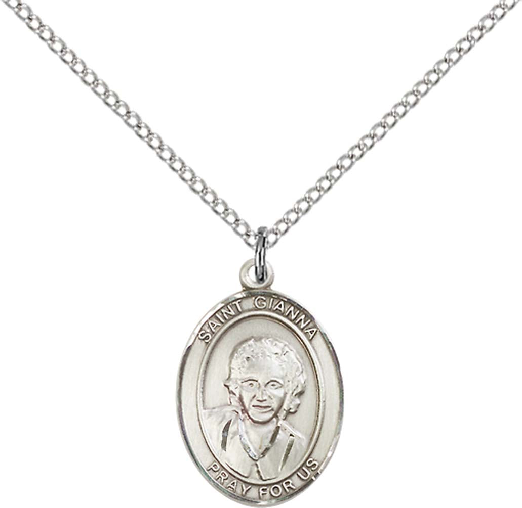 Sterling Silver St. Gianna Pendant with 18 inch Sterling Silver Light Curb Chain - Medium