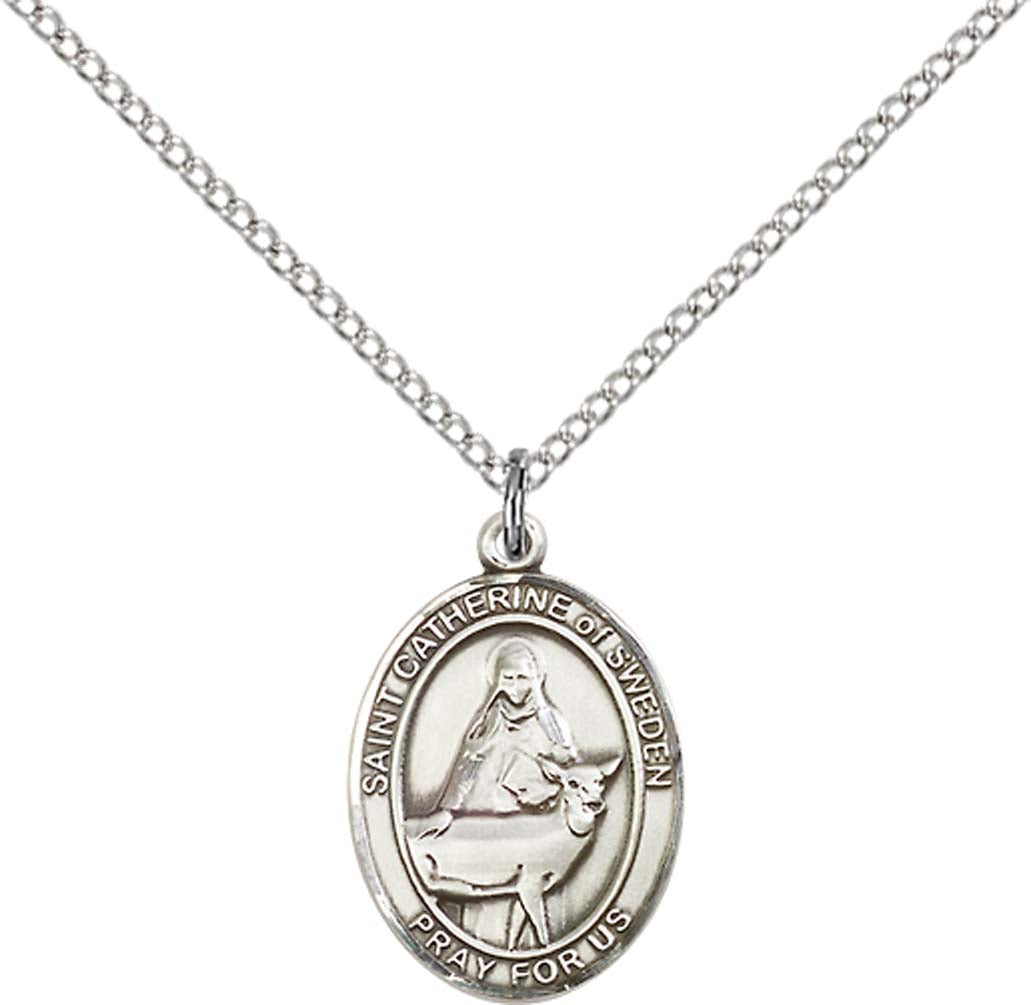 Sterling Silver St. Catherine of Sweden Pendant with 18 inch Sterling Silver Light Curb Chain - Medium