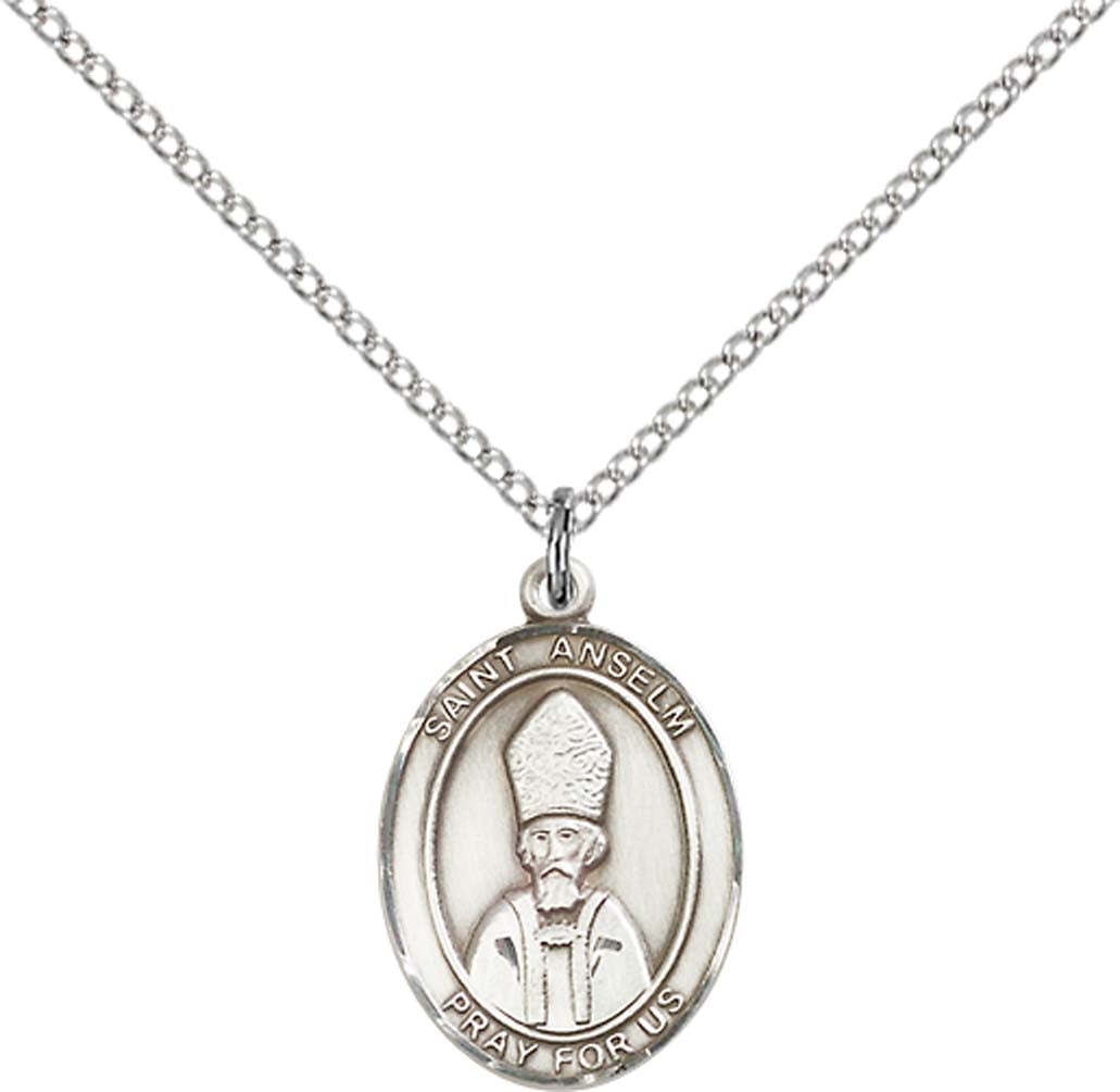 Sterling Silver St. Anselm of Canterbury Pendant with 18 inch Sterling Silver Light Curb Chain - Medium