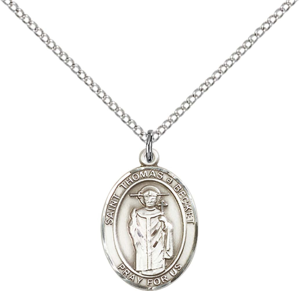 Sterling Silver St. Thomas A Becket Pendant with 18 inch Sterling Silver Light Curb Chain - Medium