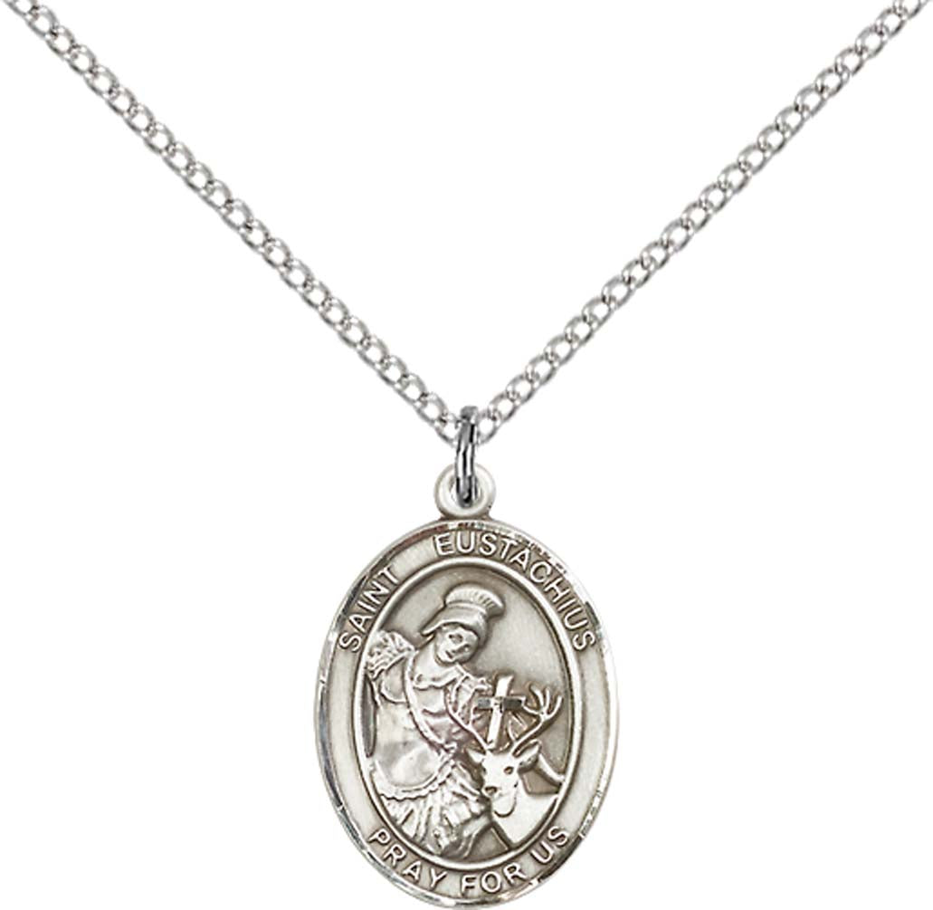 Sterling Silver St. Eustachius Pendant with 18 inch Sterling Silver Light Curb Chain