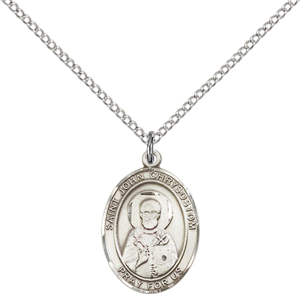 Sterling Silver St. John Chrysostom Pendant with 18 inch Sterling Silver Light Curb Chain - Medium