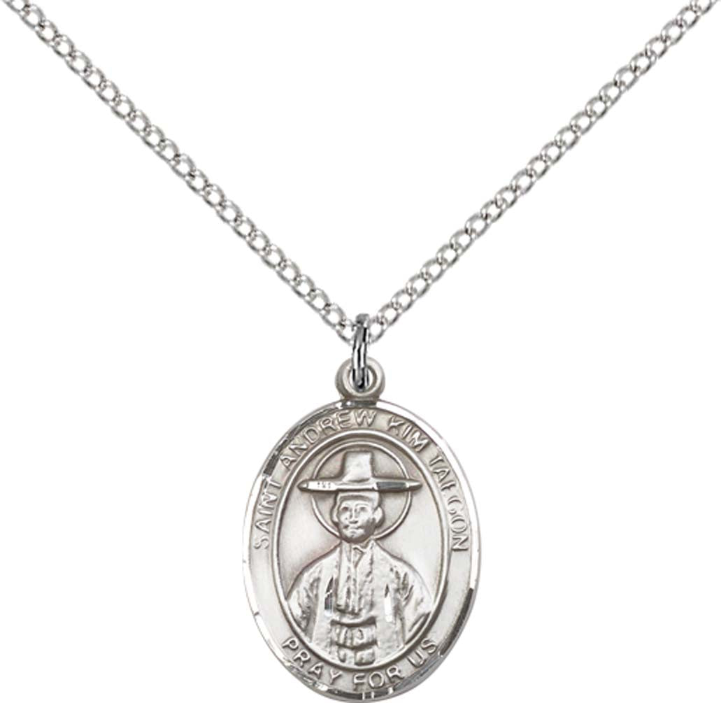 Sterling Silver St. Andrew Kim Taegon Pendant with 18 inch Sterling Silver Light Curb Chain