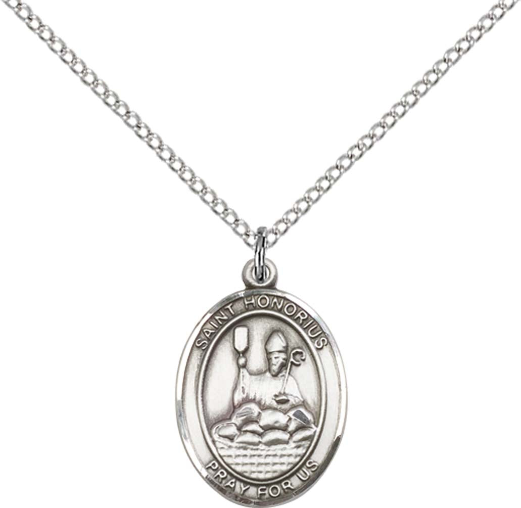Sterling Silver St. Honorius Pendant with 18 inch Sterling Silver Light Curb Chain