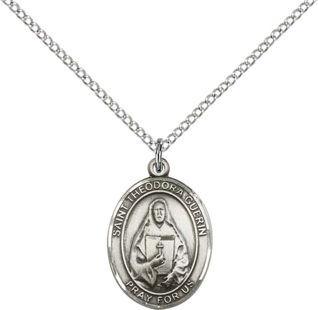 Sterling Silver St. Theodore Guerin Pendant with 18 inch Sterling Silver Light Curb Chain