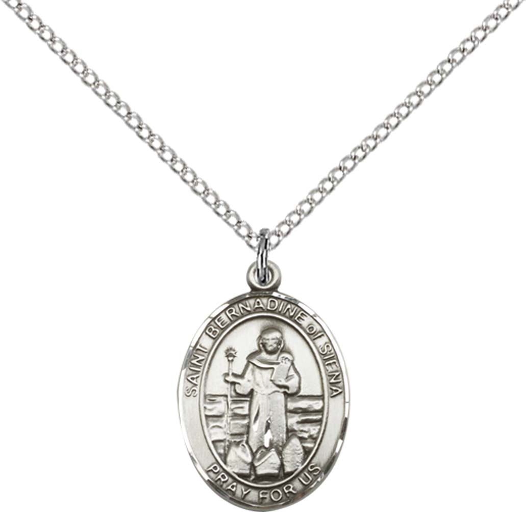 Sterling Silver St. Bernadine Of Sienna Pendant with 18 inch Sterling Silver Light Curb Chain