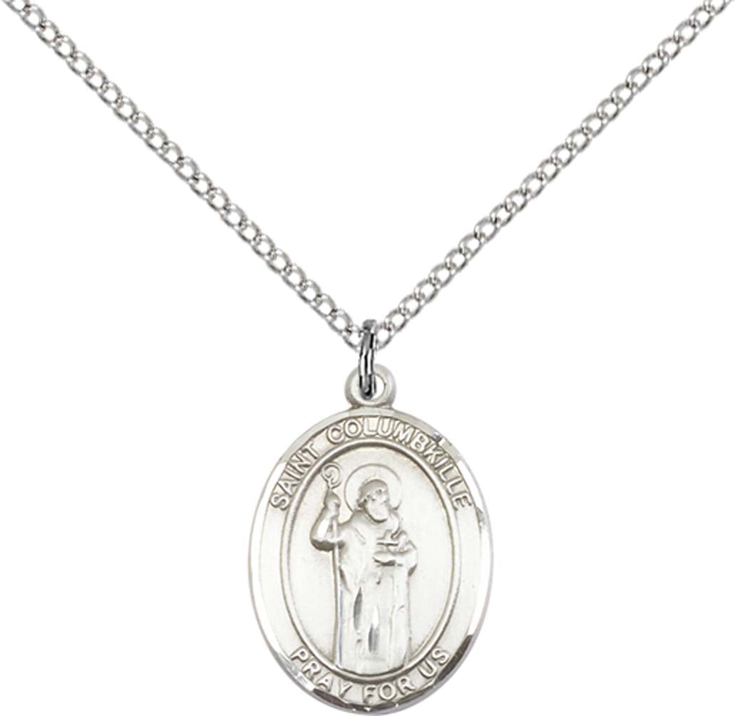 Sterling Silver St. Columbkille Pendant with 18 inch Sterling Silver Light Curb Chain