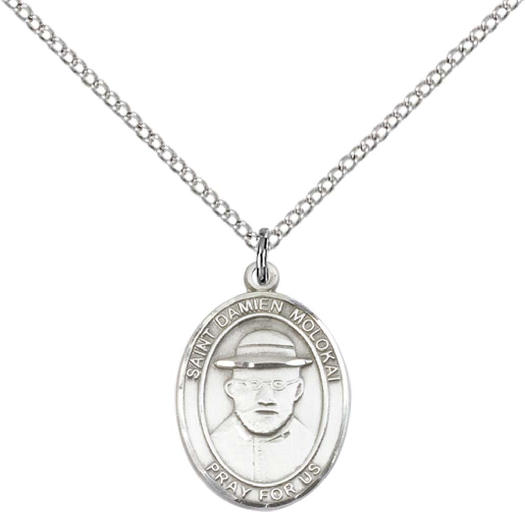 Sterling Silver St. Damien of Molokai Pendant with 18 inch Sterling Silver Light Curb Chain