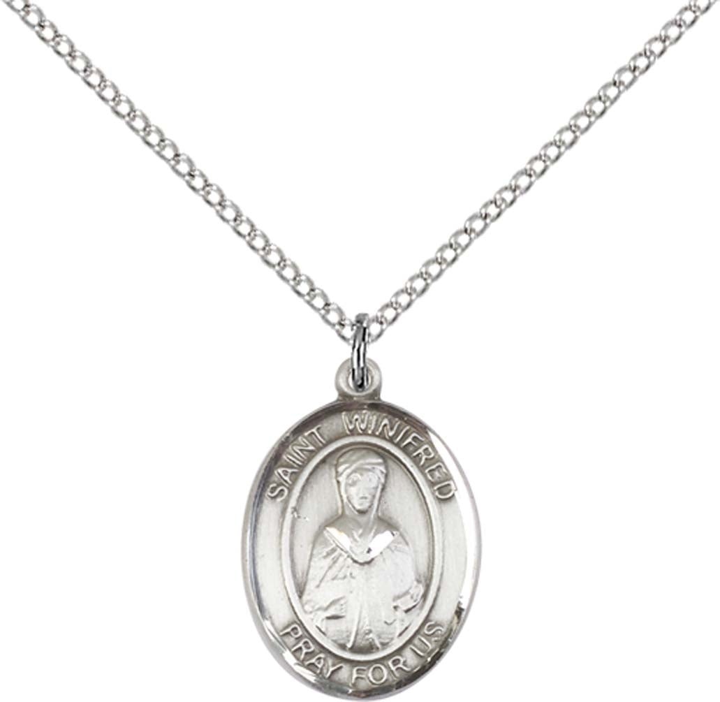 Sterling Silver St. Winifred of Wales Pendant with 18 inch Sterling Silver Light Curb Chain