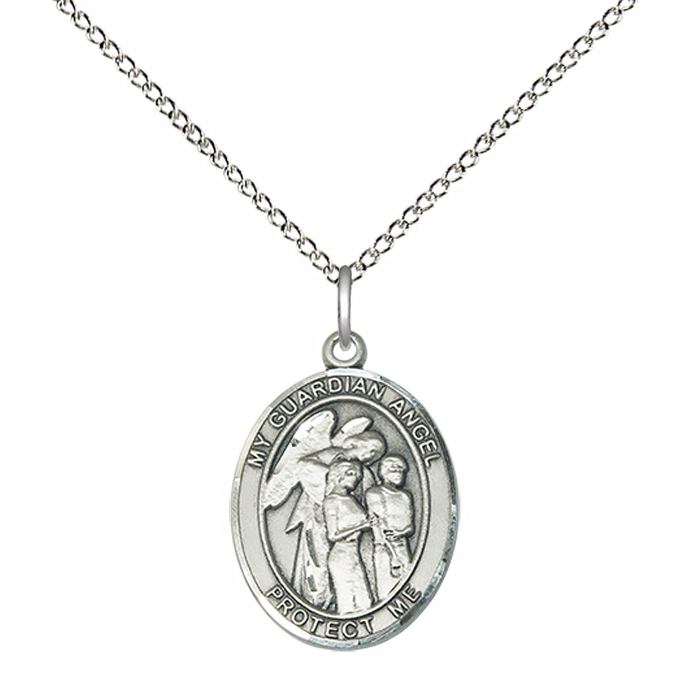 Sterling Silver Guardian Angel w/Children Pendant with 18 inch Sterling Silver Light Curb Chain