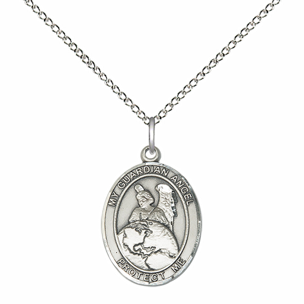 Sterling Silver Guardian Angel Protector Pendant with 18 inch Sterling Silver Light Curb Chain