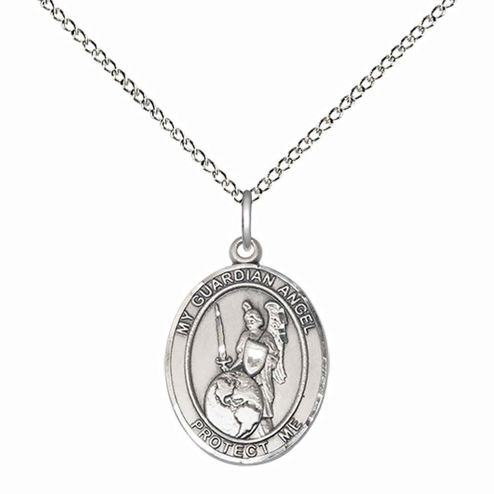 Sterling Silver Guardian Angel of the World Pendant with 18 inch Sterling Silver Light Curb Chain