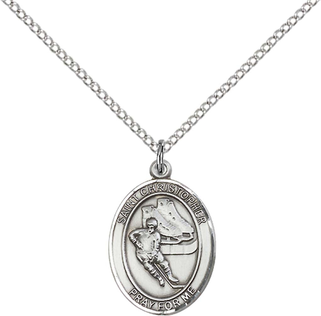 Sterling Silver St. Christopher/Hockey Pendant with 18 inch Sterling Silver Light Curb Chain