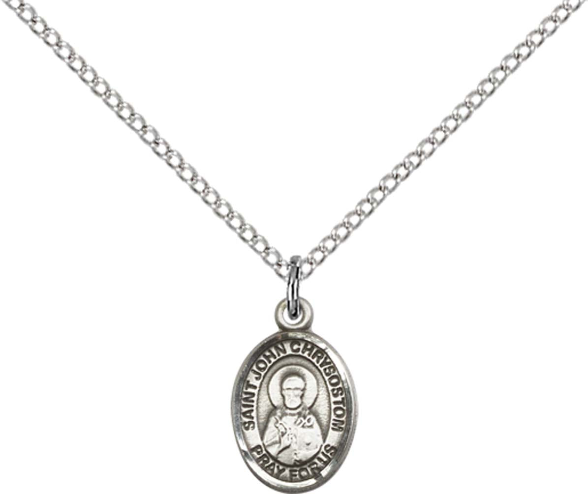 Sterling Silver St. John Chrysostom Pendant with 18 inch Sterling Silver Light Curb Chain - Small