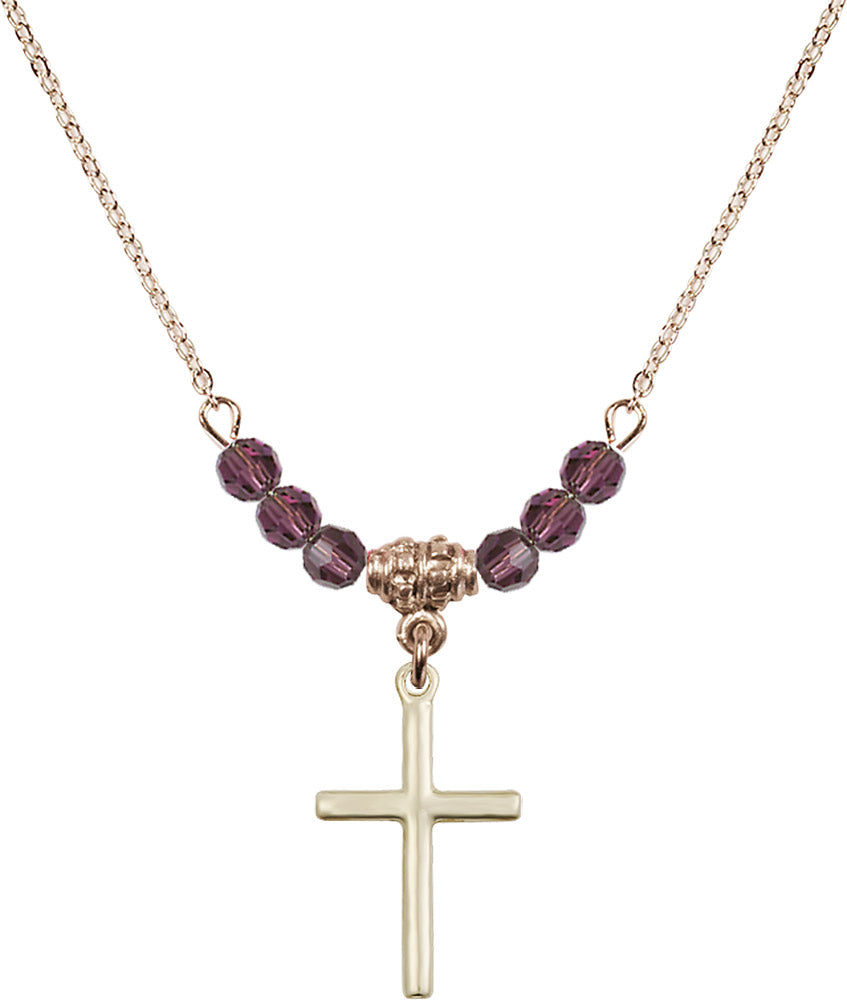 14kt Gold Filled Cross Birthstone Necklace with Amethyst Beads - 0017