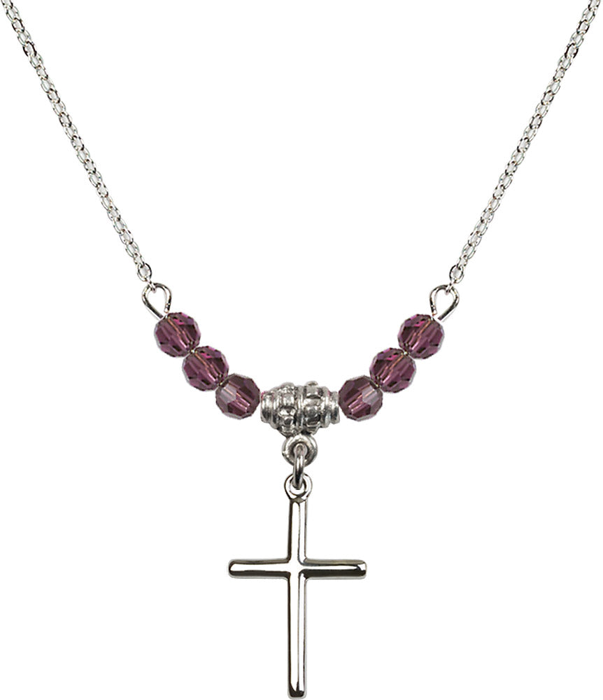 Sterling Silver Cross Birthstone Necklace with Amethyst Beads - 0017